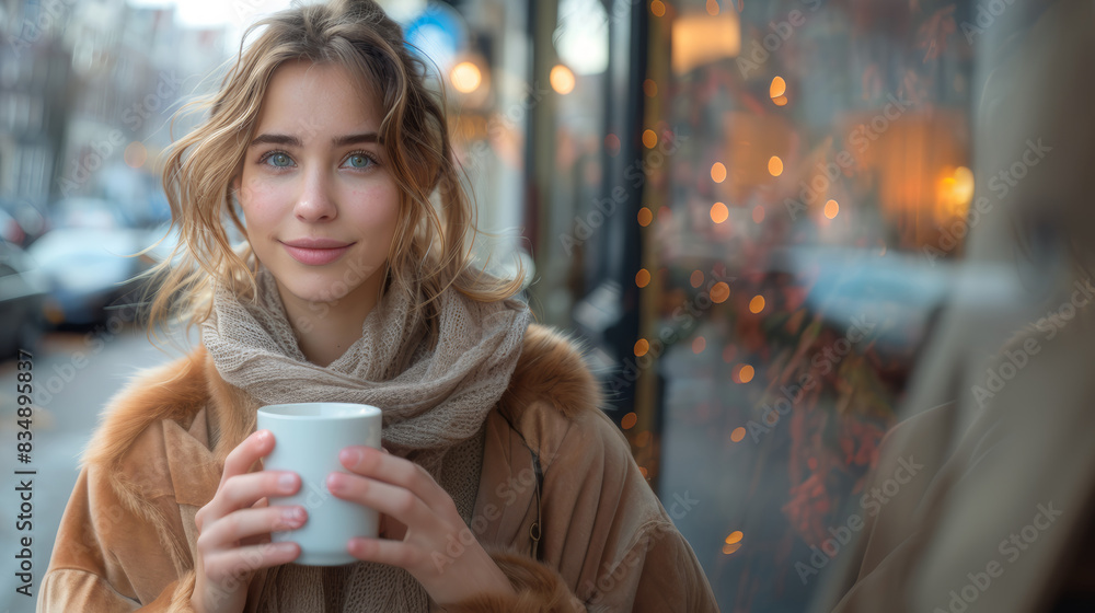 A young woman with blonde hair holds a warm mug, cozy atmosphere in a cafe A young woman with blonde hair holds a warm mug, cozy atmosphere in a cafe
