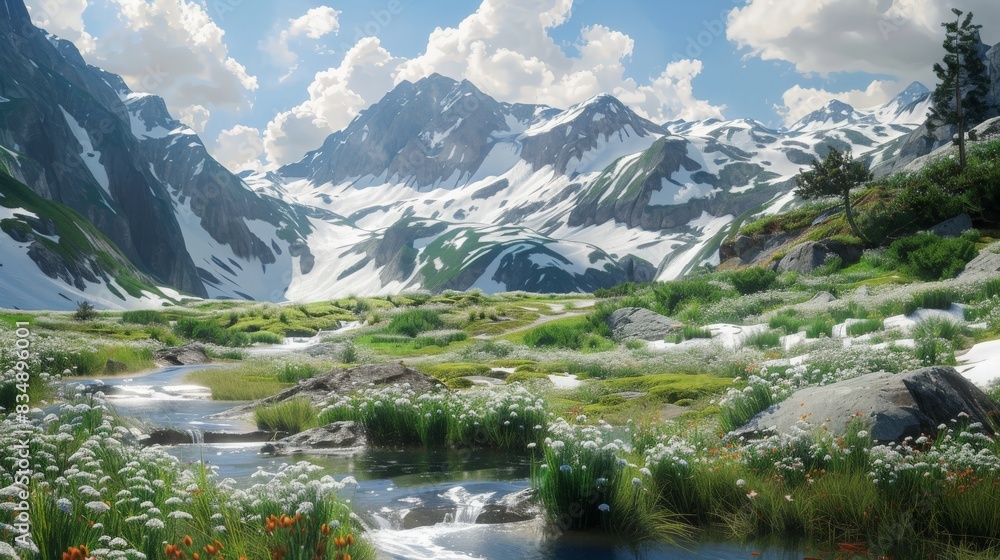 A mountain landscape with snow melting into streams, wildflowers beginning to bloom, and fresh greenery emerging from the thawing ground 