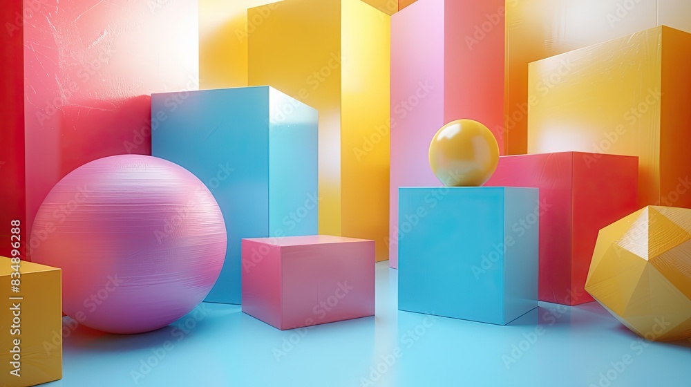 Vibrant geometric shapes including spheres, cubes, and pyramids in bright pastel colors, creating a playful and modern composition Vibrant geometric shapes including spheres, cubes, and pyramids in bright pastel colors, creating a playful and modern composition