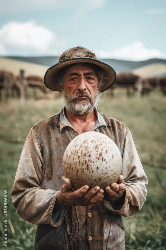Fototapeta premium a man holds an ostrich egg in his hands. Selective focus