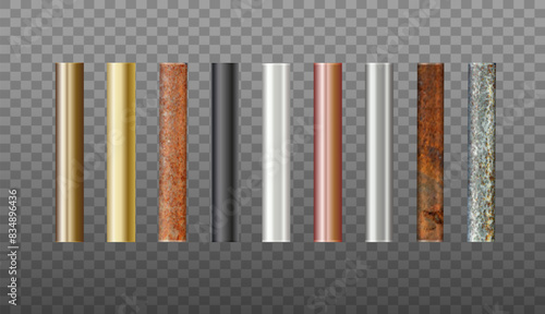 Pipes Set of metal. Pipe profiles in steel, cast iron, aluminum, copper and brass. Rusty Pipe. Vector