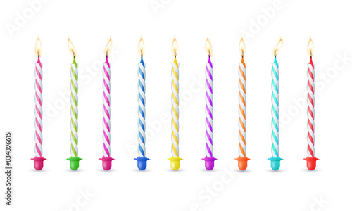 3d realistic colorful candles for birthday cake. Holiday candles with burning flames candlelight on wicks, celebration objects. Vector