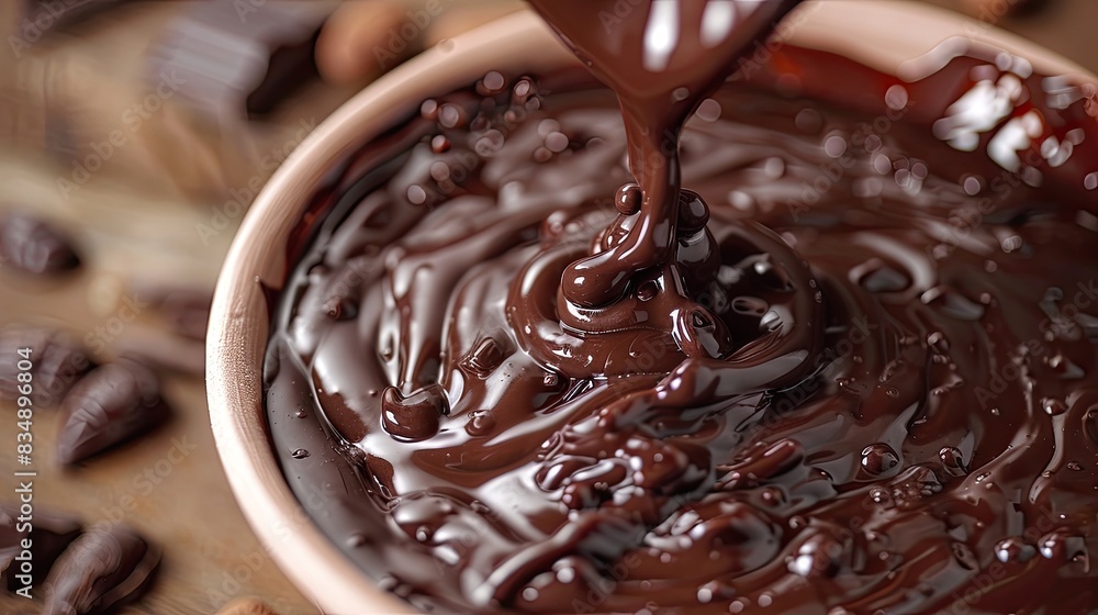 A close-up of rich, melted chocolate swirling in a bowl, evoking indulgence and sweetness A close-up of rich, melted chocolate swirling in a bowl, evoking indulgence and sweetness
