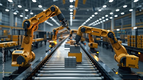 Control Unit & Robotics A control unit directs robotic arms in a logistics setting, orchestrating product placement on conveyor belts, showcasing the efficiency of automation in modern industry