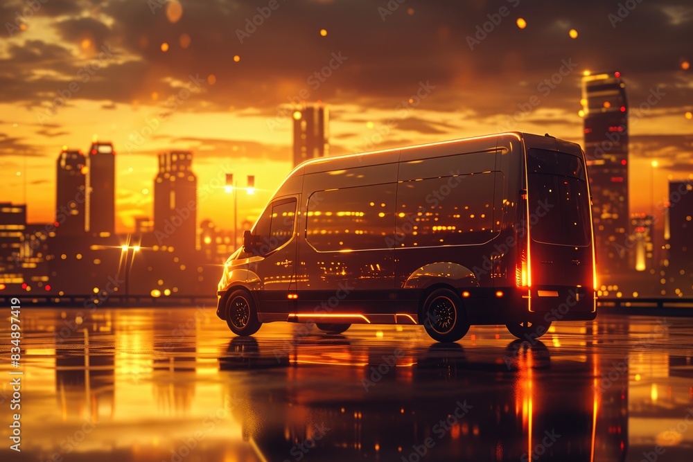 Fototapeta premium Golden Hour Logistics: European Cargo Van in City Setting