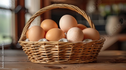 Freshly Collected Eggs Freshly collected eggs in a wicker basket, rustic farm kitchen, soft light, copy space, evoking a sense of home and fresh food