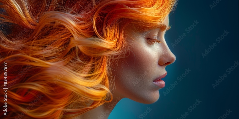 Elegant redhead model with vibrant flame-like hair, exuding glamour and beauty in a studio portrait. Elegant redhead model with vibrant flame-like hair, exuding glamour and beauty in a studio portrait.