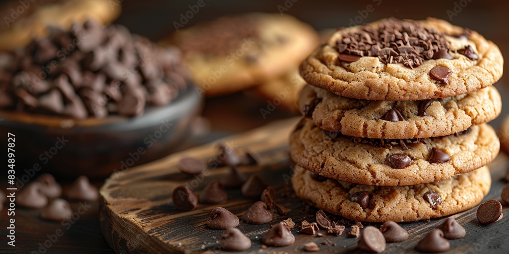 A stack of homemade chocolate chip cookies on a wooden background, tempting and delicious. A stack of homemade chocolate chip cookies on a wooden background, tempting and delicious.