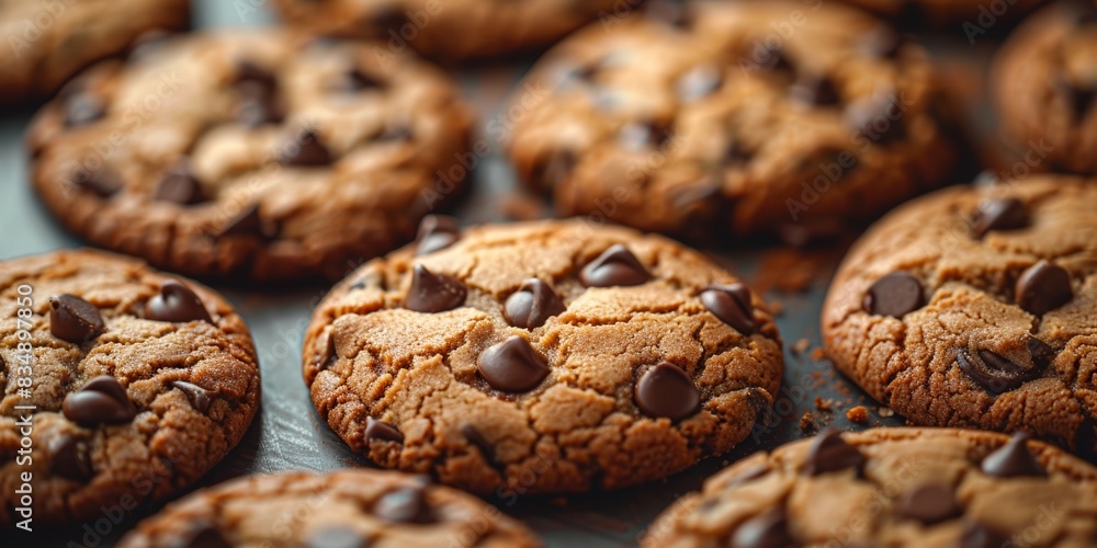 A tray of homemade American chocolate chip cookies, delicious and tempting. A tray of homemade American chocolate chip cookies, delicious and tempting.