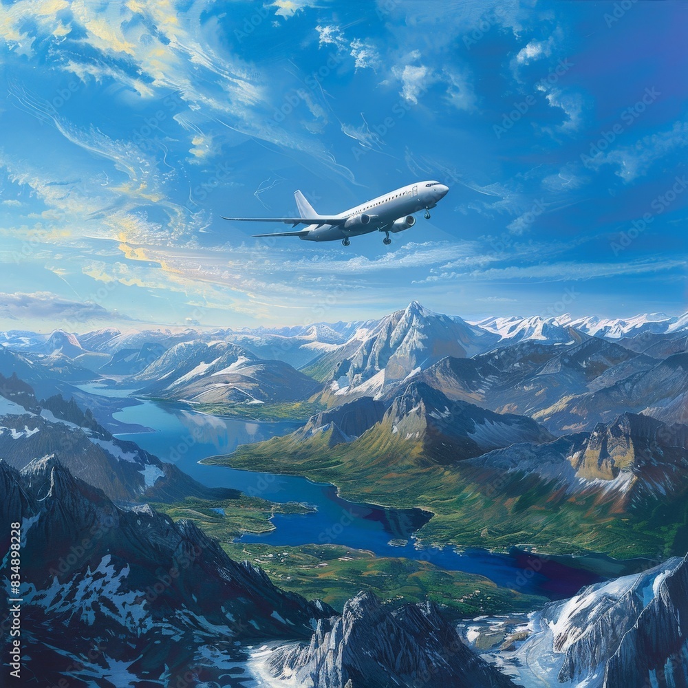 An airplane soaring over a picturesque landscape of mountains and lakes, with a clear blue sky and the horizon in the distance An airplane soaring over a picturesque landscape of mountains and lakes, with a clear blue sky and the horizon in the distance