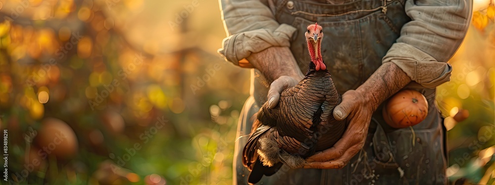 a male farmer holds a turkey in his hands. Selective focus a male farmer holds a turkey in his hands. Selective focus