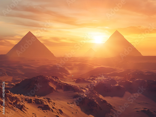 Vast ancient pyramids in the golden desert glow under the rising sun, a tranquil scene.