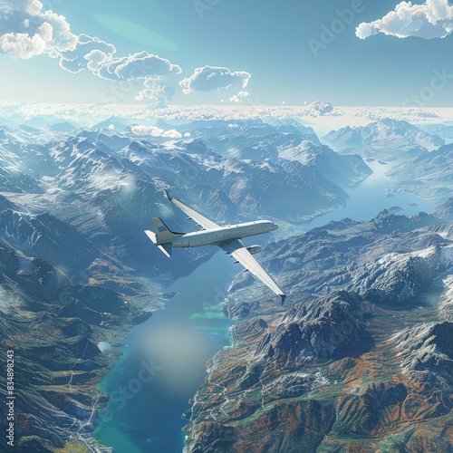 An airplane soaring over a picturesque landscape of mountains and lakes, with a clear blue sky and the horizon in the distance 