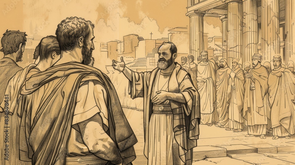 Naklejka premium Power and Growth: Acts 2 Biblical Illustration Highlighting Pentecost, Peter's Sermon on Beige Background with Copyspace