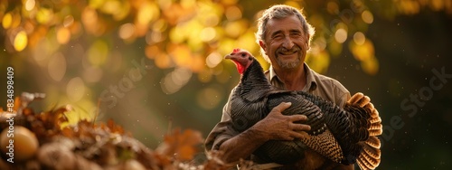 a male farmer holds a turkey in his hands. Selective focus