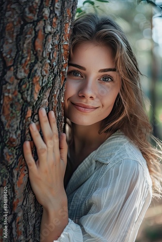 a young girl hugs a tree. Selective focus