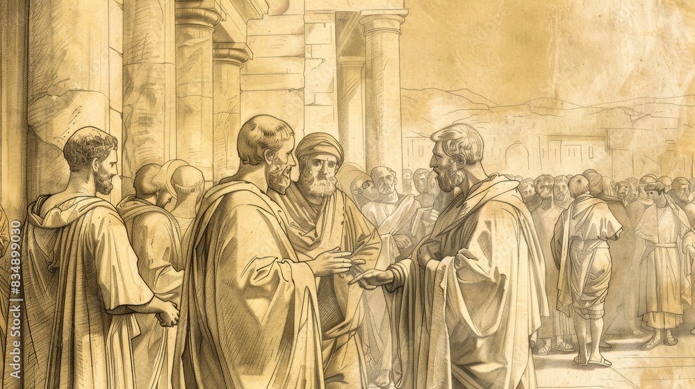 Naklejka premium Witness and Spirit: Acts 1 Biblical Illustration Highlighting Ascension, Promise, Matthias' Selection on Beige Background with Copyspace
