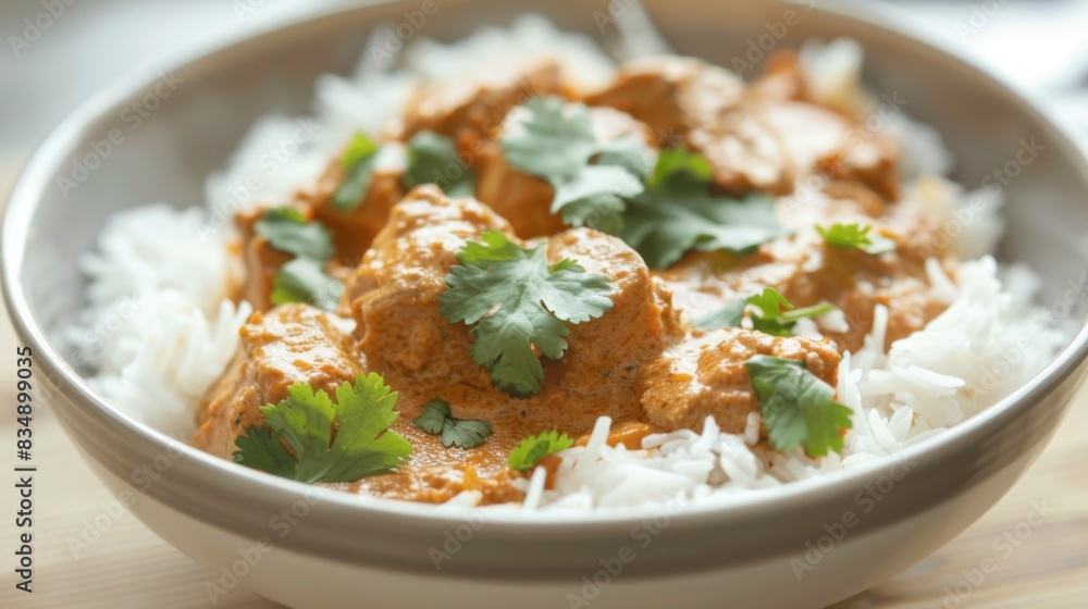 A bowl of korma curry with tender pieces of meat in a creamy, spiced sauce, served with steamed rice. A bowl of korma curry with tender pieces of meat in a creamy, spiced sauce, served with steamed rice.