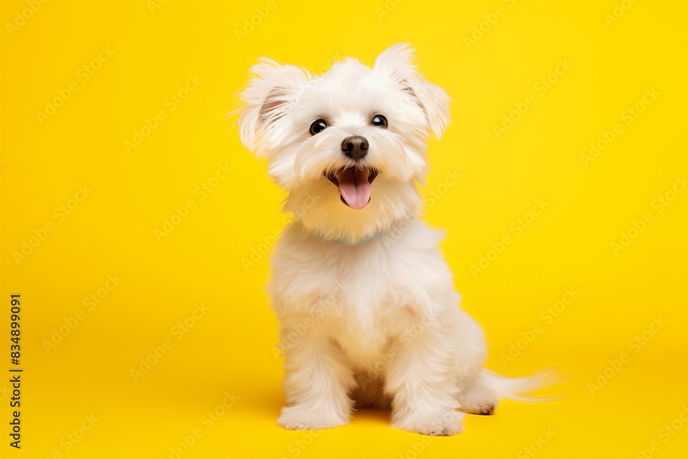 Adorable white puppy sitting against a vibrant yellow background, looking cheerful and full of joy. Adorable white puppy sitting against a vibrant yellow background, looking cheerful and full of joy.