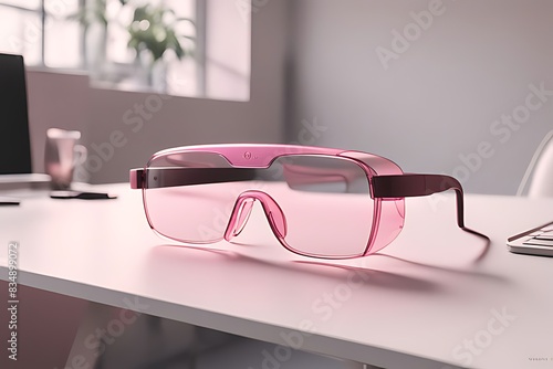 Pink translucent glass VR glasses with a minimalist design, characterized by thinness and lightweight construction.
