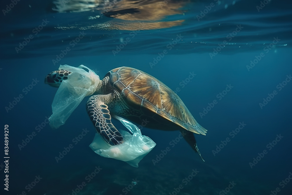 Fototapeta premium Sea turtles in crisis. Plastic harms aquatic animals