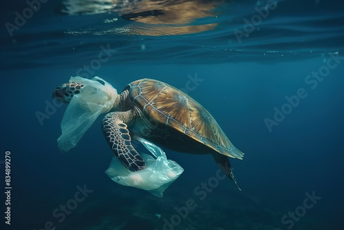 Sea turtles in crisis. Plastic harms aquatic animals" Picture of a sea turtle stuck in plastic. Shows the effects of ocean pollution. Undersea animals. © yod67