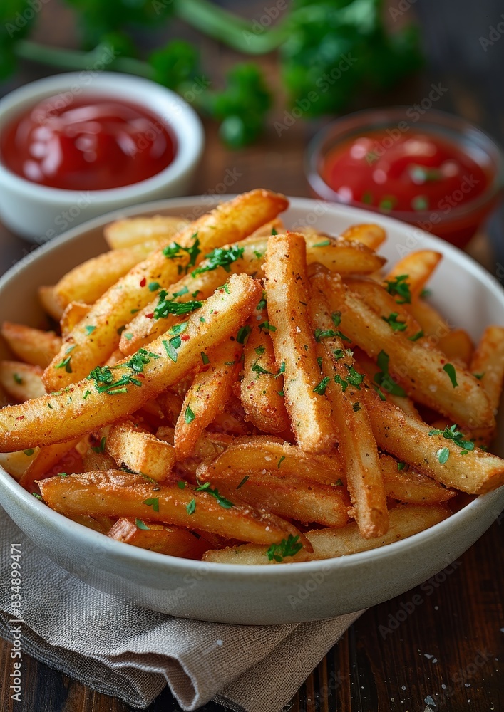 French Fries - Crispy French fries with a side of ketchup. French Fries - Crispy French fries with a side of ketchup.