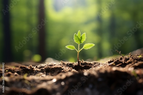 Close-up of a young green plant seedling growing in fertile soil, illuminated by natural sunlight in a forest environment. photo