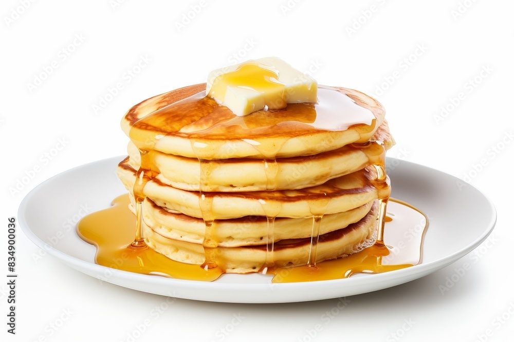 Delicious stack of fluffy pancakes with melting butter and maple syrup on a white plate. Perfect breakfast or brunch option. Delicious stack of fluffy pancakes with melting butter and maple syrup on a white plate. Perfect breakfast or brunch option.