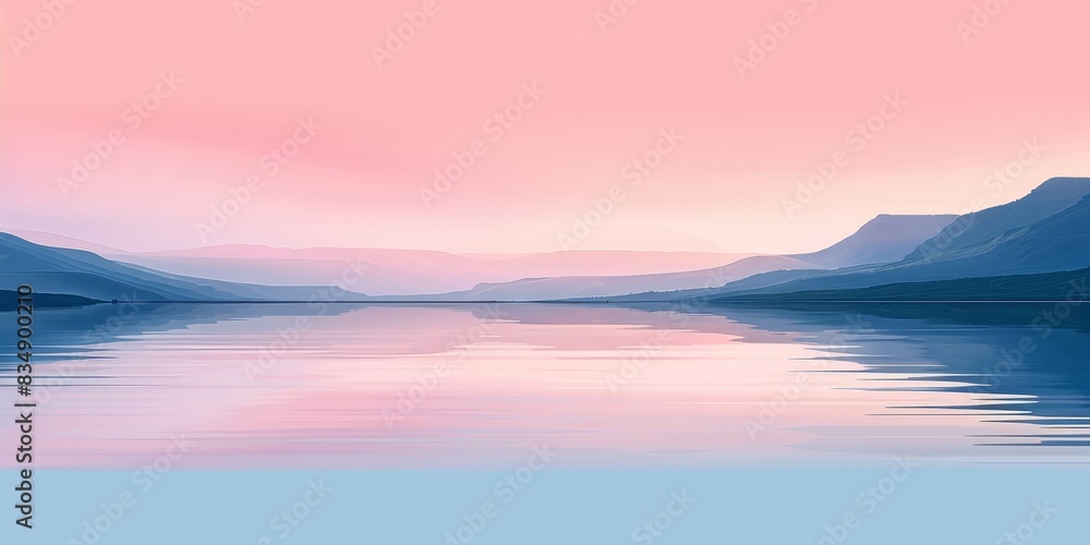 Tranquil lake and mountains in the distance with a pink sky Tranquil lake and mountains in the distance with a pink sky