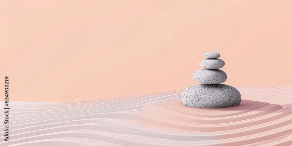 A stack of smooth, gray stones on a rippled sand background in peachy pink tones. A stack of smooth, gray stones on a rippled sand background in peachy pink tones.