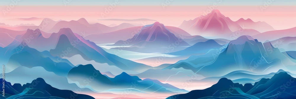 The image is a beautiful landscape painting of blue and purple mountains in the distance with a pink sky and white clouds. The image is a beautiful landscape painting of blue and purple mountains in the distance with a pink sky and white clouds.