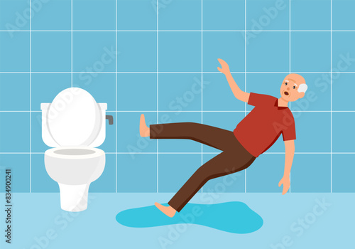 Elderly woman falling in the bathroom, domestic accident concept.