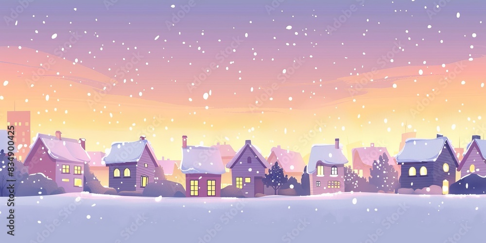 A beautiful winter scene of a small town with snow-covered houses and trees. The sky is a gradient of purple and pink, and the sun is setting. A beautiful winter scene of a small town with snow-covered houses and trees. The sky is a gradient of purple and pink, and the sun is setting.