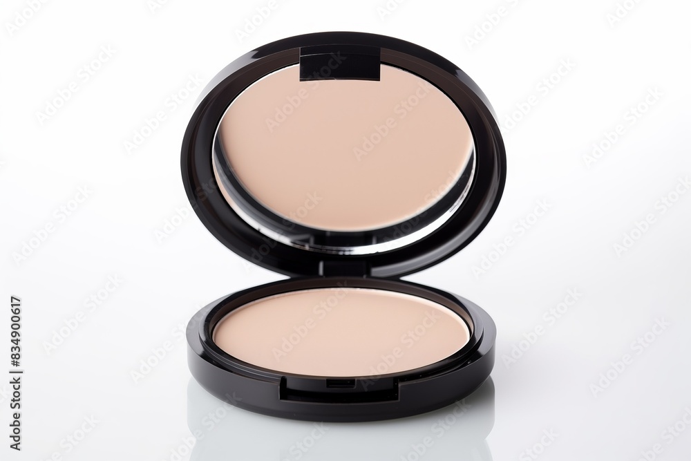 Open black compact powder case with mirror, showcasing light beige pressed powder on a white background. Perfect for makeup universals. Open black compact powder case with mirror, showcasing light beige pressed powder on a white background. Perfect for makeup universals.