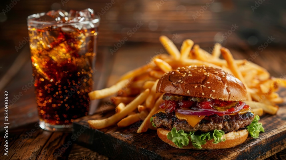 A classic American burger with crispy fries and a cold soda, served on a rustic wooden table. A classic American burger with crispy fries and a cold soda, served on a rustic wooden table.