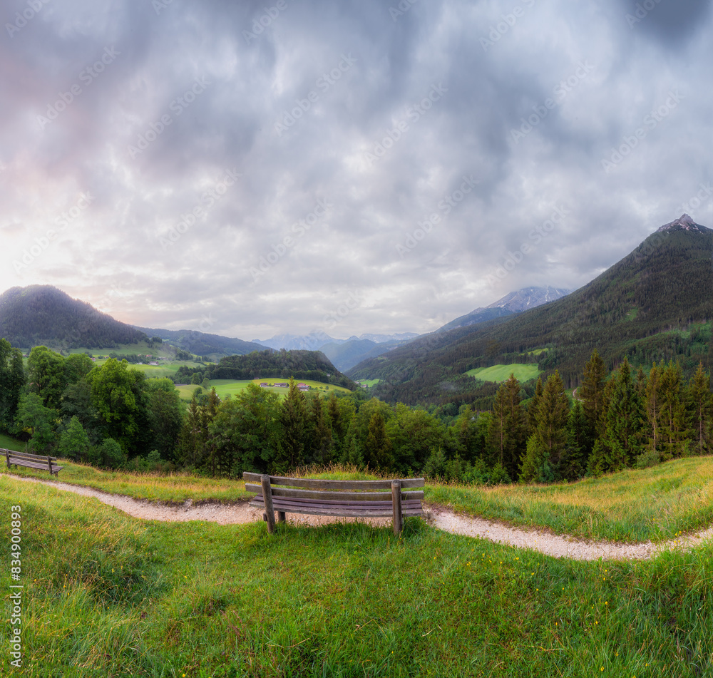 Meadow with road and bench in Berchtesgaden National Park