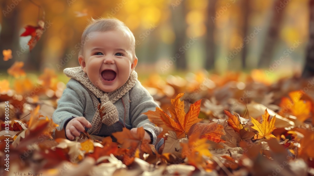 Cute baby in Autumn woods with beautiful foliage Cute baby in Autumn woods with beautiful foliage