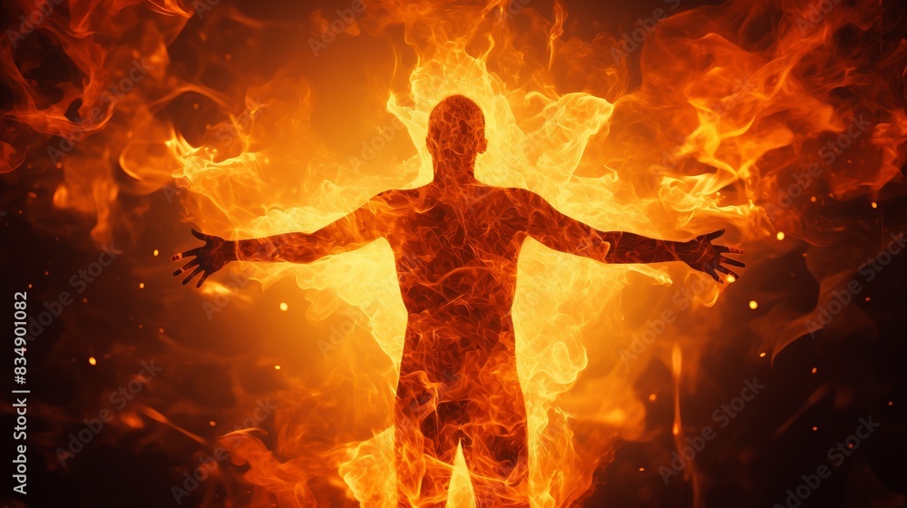 Silhouette of a person surrounded by fire, symbolizing power, energy, and intensity in a dramatic and dynamic visual representation. Silhouette of a person surrounded by fire, symbolizing power, energy, and intensity in a dramatic and dynamic visual representation.