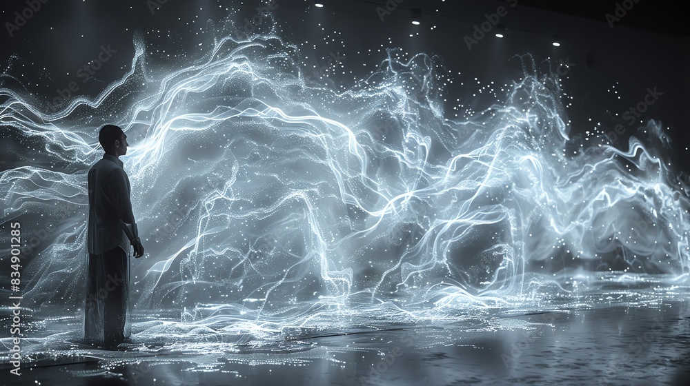 Obraz premium Silhouette of a man standing in front of a glowing, abstract light display.