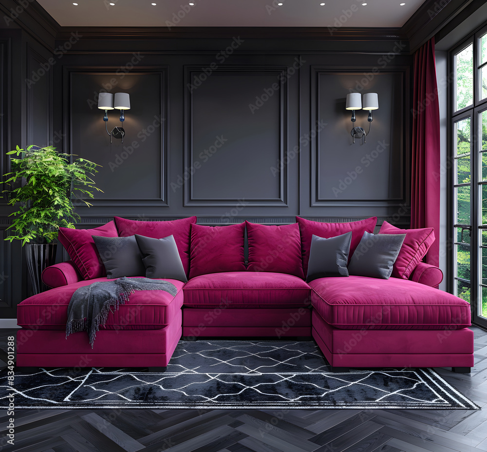 Dark Pink sofa and recliner chair in scandinavian apartment high quality photo Dark Pink sofa and recliner chair in scandinavian apartment high quality photo