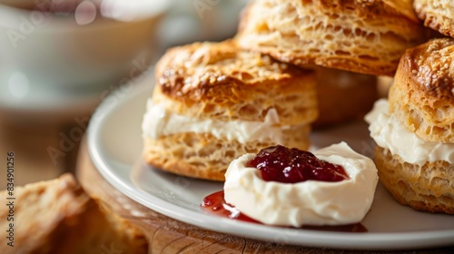 A close-up of a tray of freshly baked scones with golden brown tops and flaky layers, served with clotted cream and jam for a traditional English tea time. © Plaifah