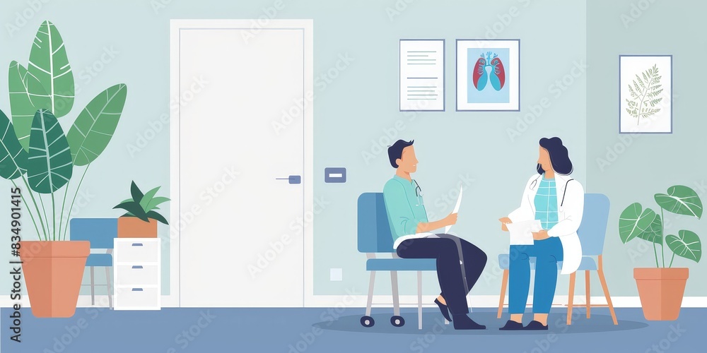 The patient is sitting in a chair in the doctor's office. The doctor is sitting at a desk and writing something. There are plants in the office. The patient is sitting in a chair in the doctor's office. The doctor is sitting at a desk and writing something. There are plants in the office.