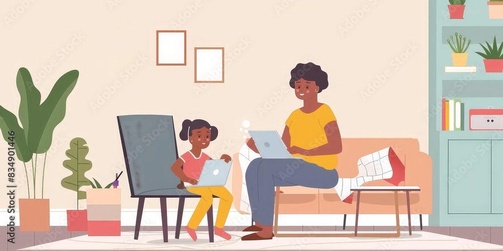 A mother and her daughter are drawing together in the living room A mother and her daughter are drawing together in the living room