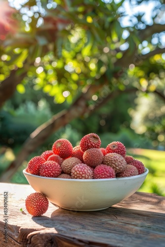 lychees in a white bowl on a wooden table, nature background. Selective focus