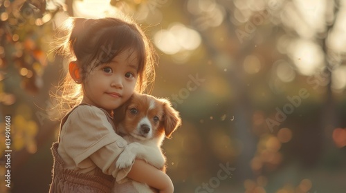 A kid holding a dog in arms in outdoor park