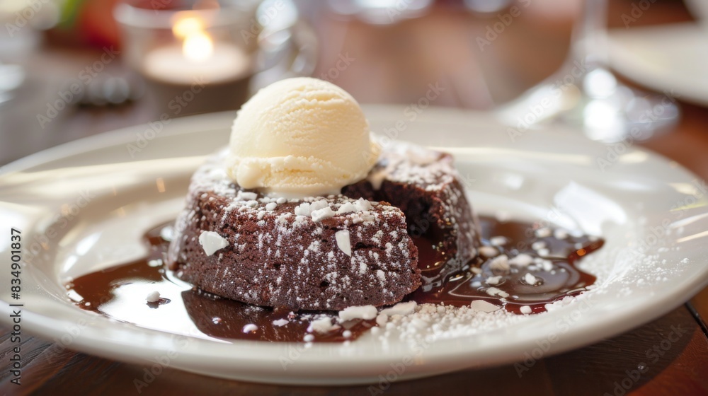 A decadent chocolate lava cake with a scoop of vanilla ice cream, served in a fancy dessert A decadent chocolate lava cake with a scoop of vanilla ice cream, served in a fancy dessert