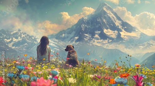 Back view of a kid and a dog sit together in wild flowe field with snow mountain photo