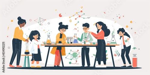 Group of diverse scientists in lab coats working together at a lab table