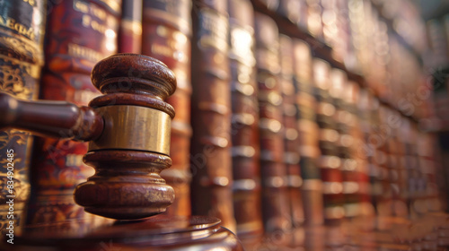Close-up of a judge's gavel on the verge of striking in a courtroom with a blurred backdrop of law books
